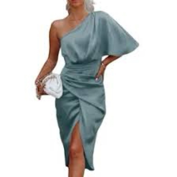Anrabess NWT Satin Mint green One Shoulder  Bodycon Midi cocktail dress-L - Picture 2 of 12